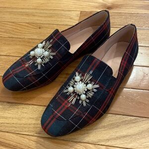 J. Crew Plaid Loafers with rhinestone burst detail